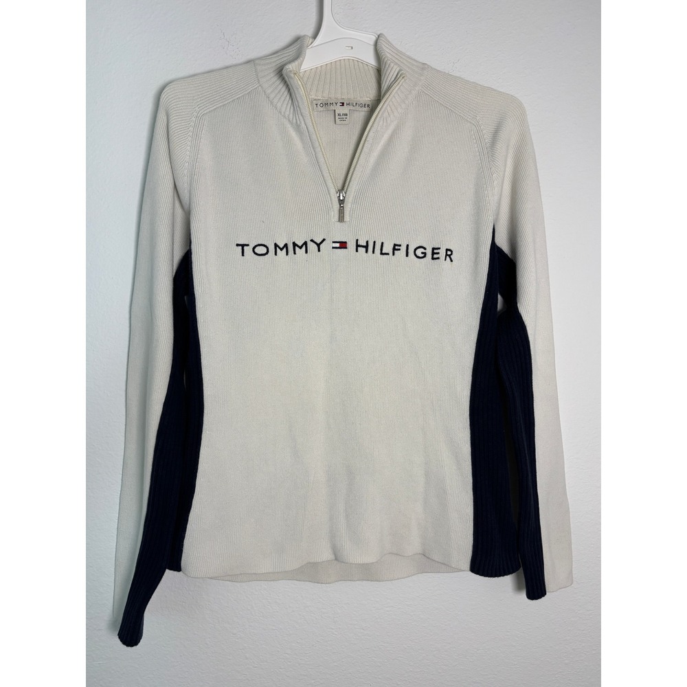 Tommy Hilfiger‎ Womens XL Quarter Zip Sweater Cream Navy Blue Ribbed Pullover